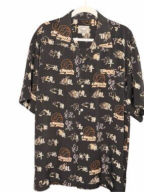 Black Short-Sleeve Printed Button-Down Shirt Size L